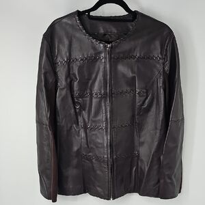 Rich Brown Front Leather Back Sweater Jacket wStitch Design Cozy Office Polished